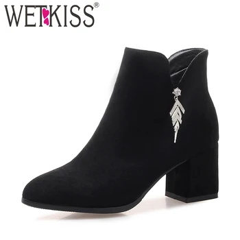 

WETKISS Crystal Thick High Heels Ankle Women Boots Round Toe Footwear Zip Female Bootie Casual Shoes Women 2020 Plus Size 43