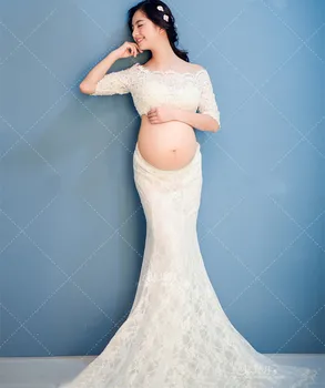 

Maternity Photography Props Dresses Gown Long White Lace Dress Transparant Pregnancy Clothes For Pregnant Women Vestdios PO08