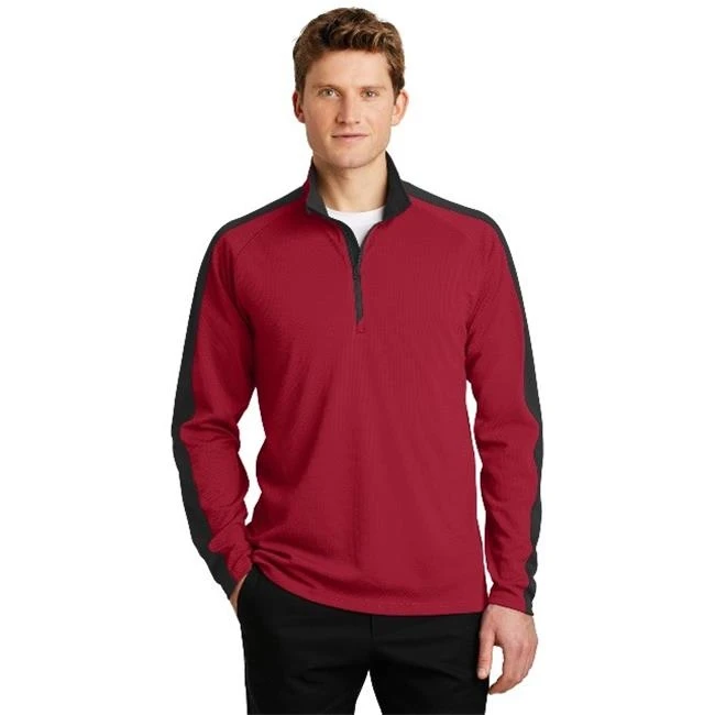 Sport-Tek ST861 Sport-Wick Textured Colorblock 1 by 4-Zip Pullover Deep Red & Black - 4XL