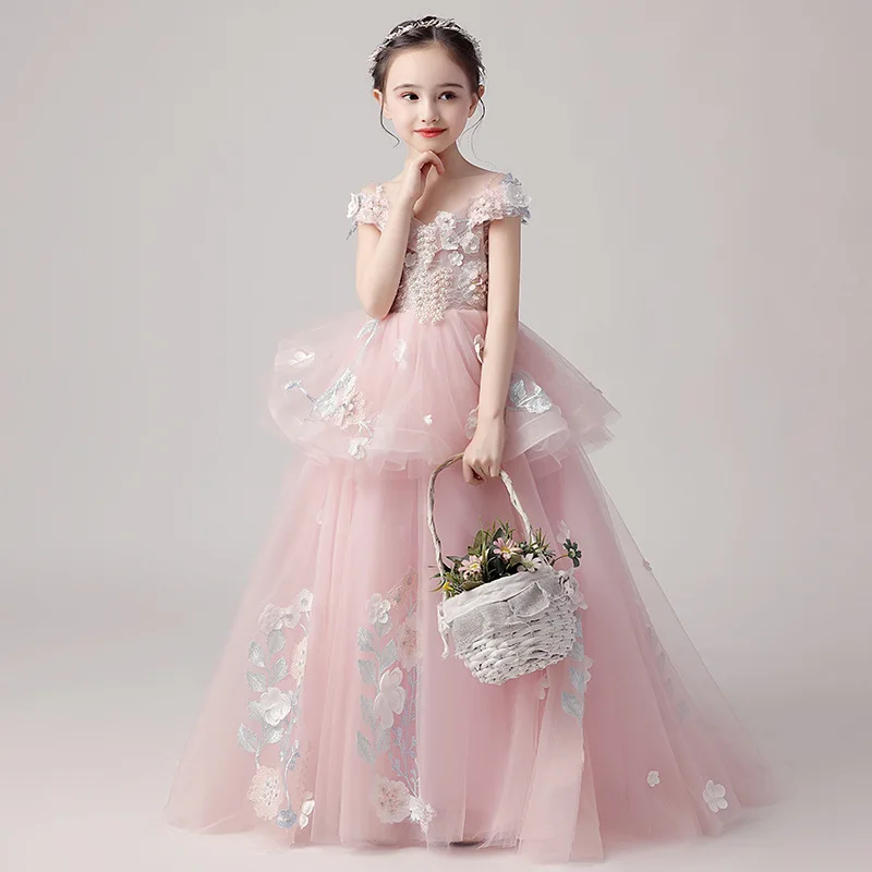 

Luxury Holy Communion Dress Off the Shoulder Small Trailing Evening Dress Appliques Pearls Flower Girl Dresses for Wedding B422