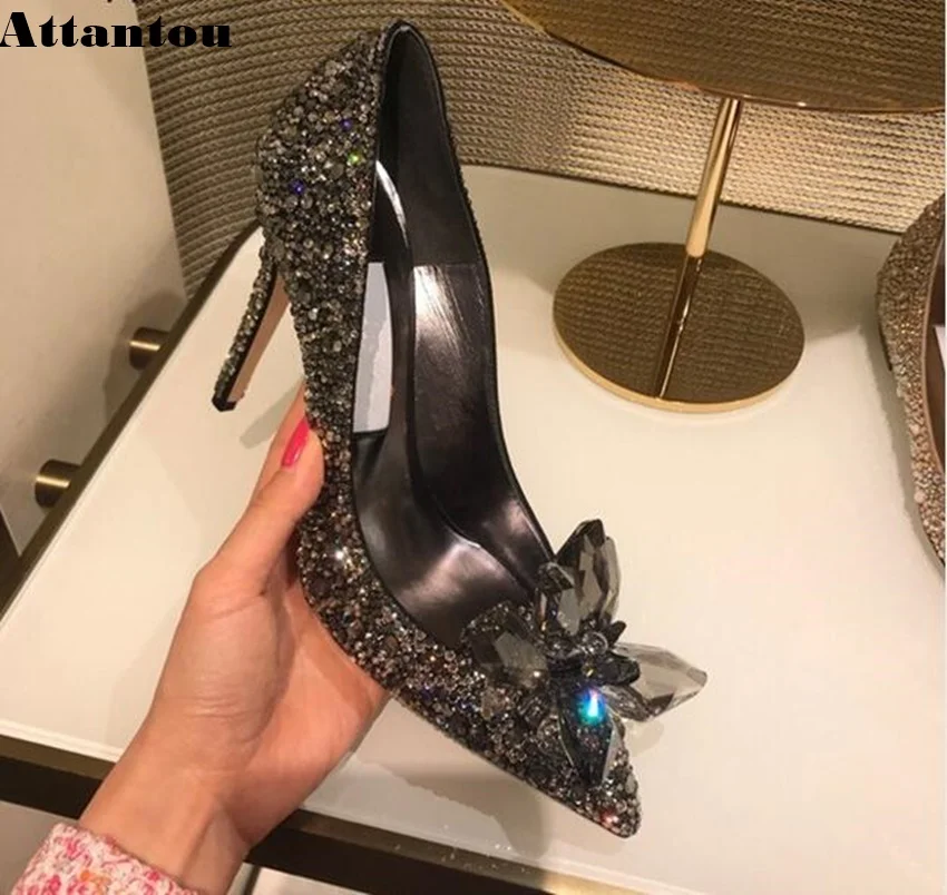 Women Pumps Black Crystal Cinderella High Heels Design Sexy Gladiator Thin Heels Women Rhinestone Slip On Party Shoes