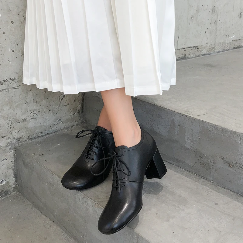 

VNGULL women Real Leather shoes British single shoes fashion Thick high heel tie round head classic Office professional wild