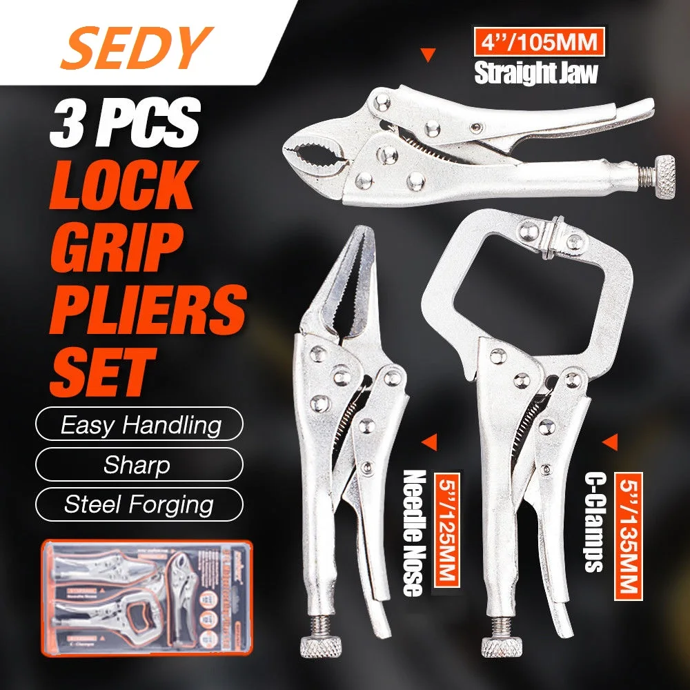 

SEDY 3PC Vise Grip Carbon Steel Welding Tool Set Adjustable Jaw Pliers C Clamp Holder Locking Mole Forcep Welding Holders kit