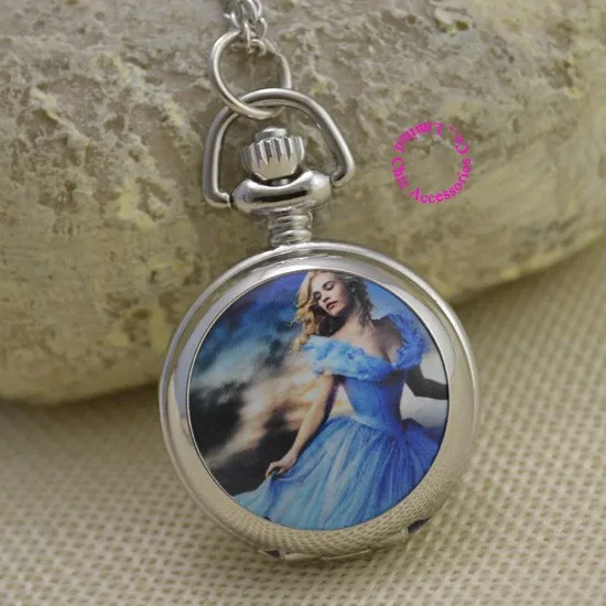 Милое синее платье Золушки карманные часы ожерелье женщины сексуальная девушка дамы antibrittle леди малыш серебряное зеркало FOB часы час новый