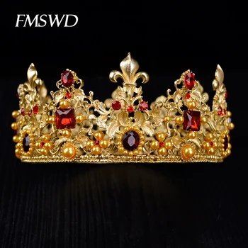 

Vintage Gold Baroque Red Crystal Luxury Round Crown Queen tiara For Wedding Headdress Hair Jewelry Rhinestone Bridal Accessories
