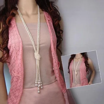 

125cm Classic Double Knot Simulated Pearl Tassel Long Necklace Long Knotted Tassel Necklace Female Fashion Sweater Boho Jewelry