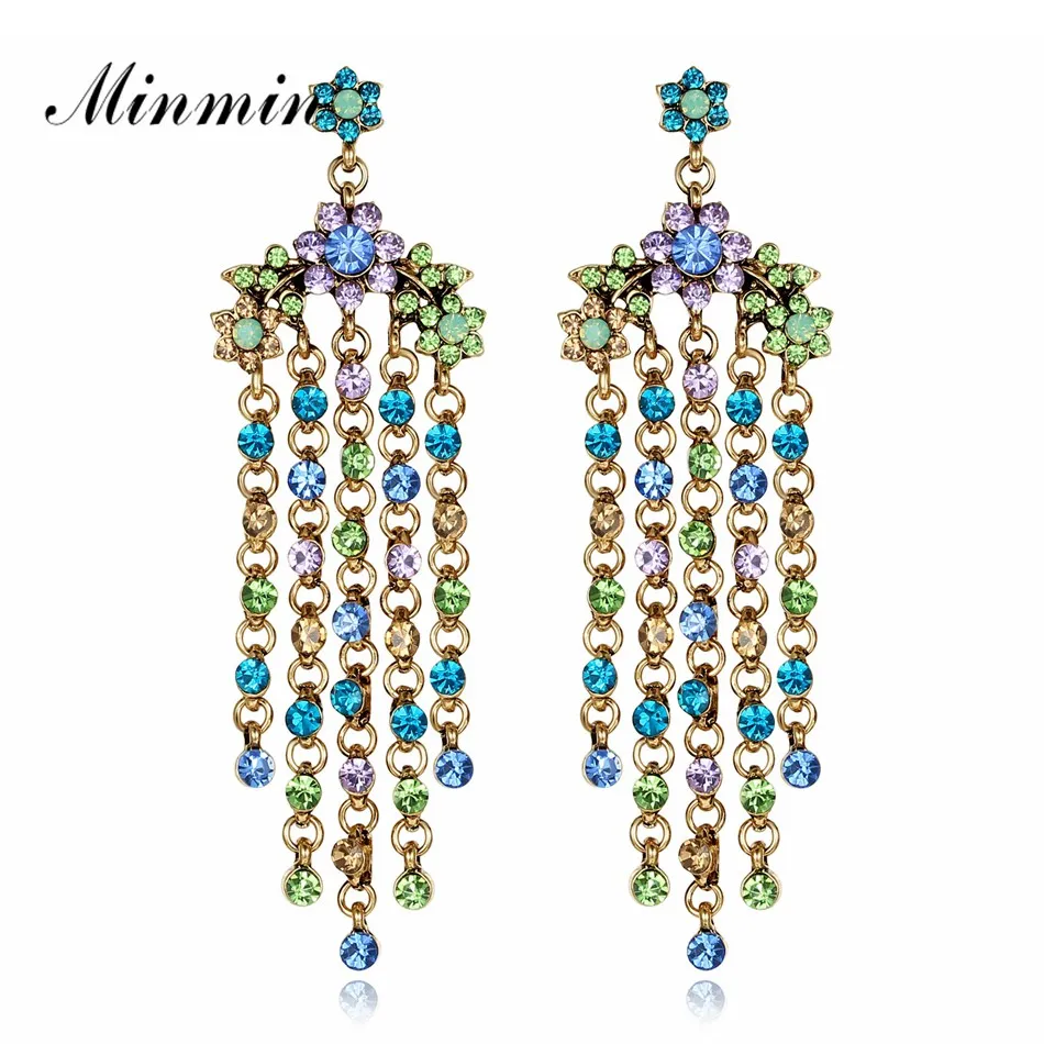 Minmin Fashion Flower Colorful Rhinestone Tassel Earrings Bohemian Long Drop Jewelry for Women Christmas Gifts MEH1181 | Украшения и