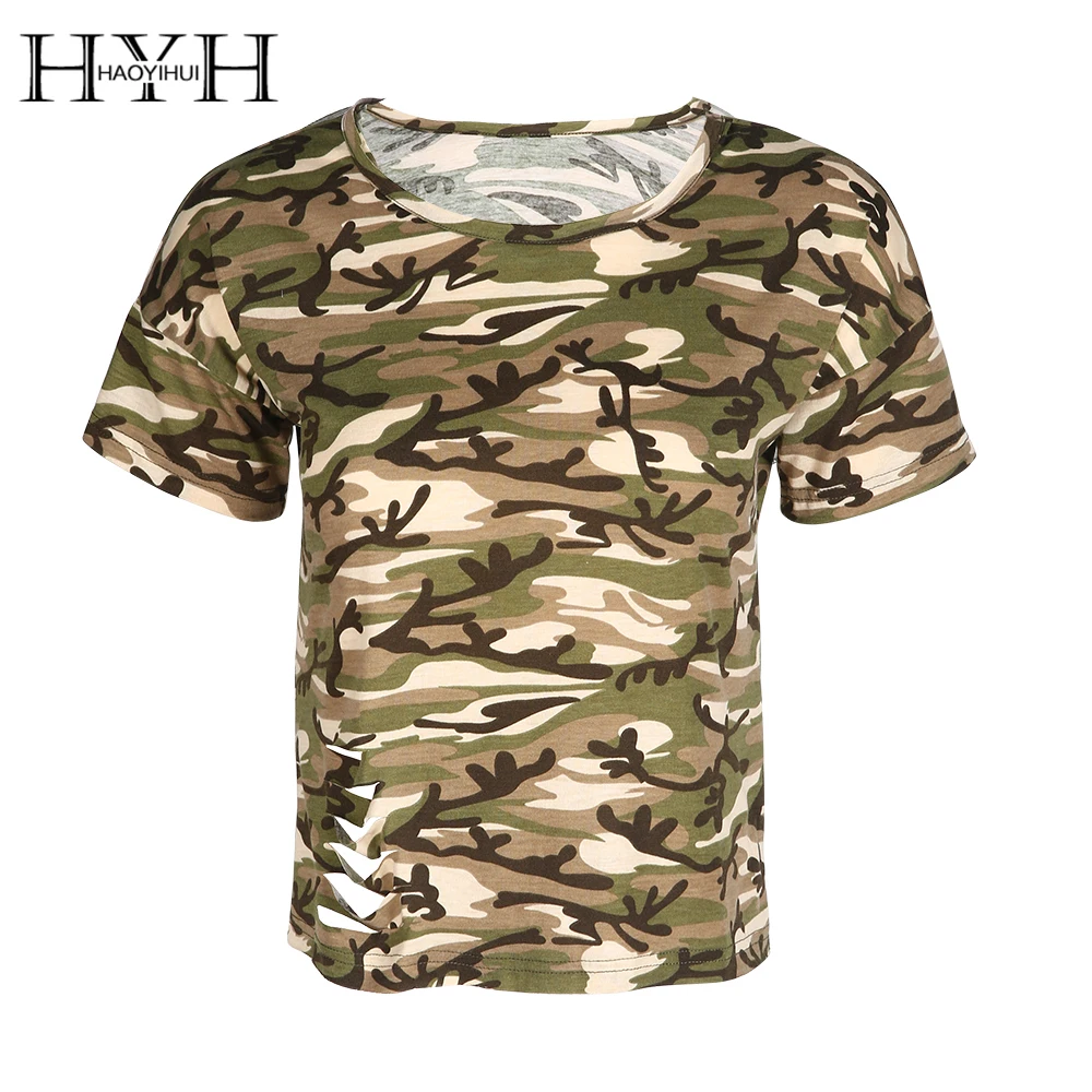 HYH HAOYIHUI Black Camouflage Print 2 Colors Women T shirts Crew Neck