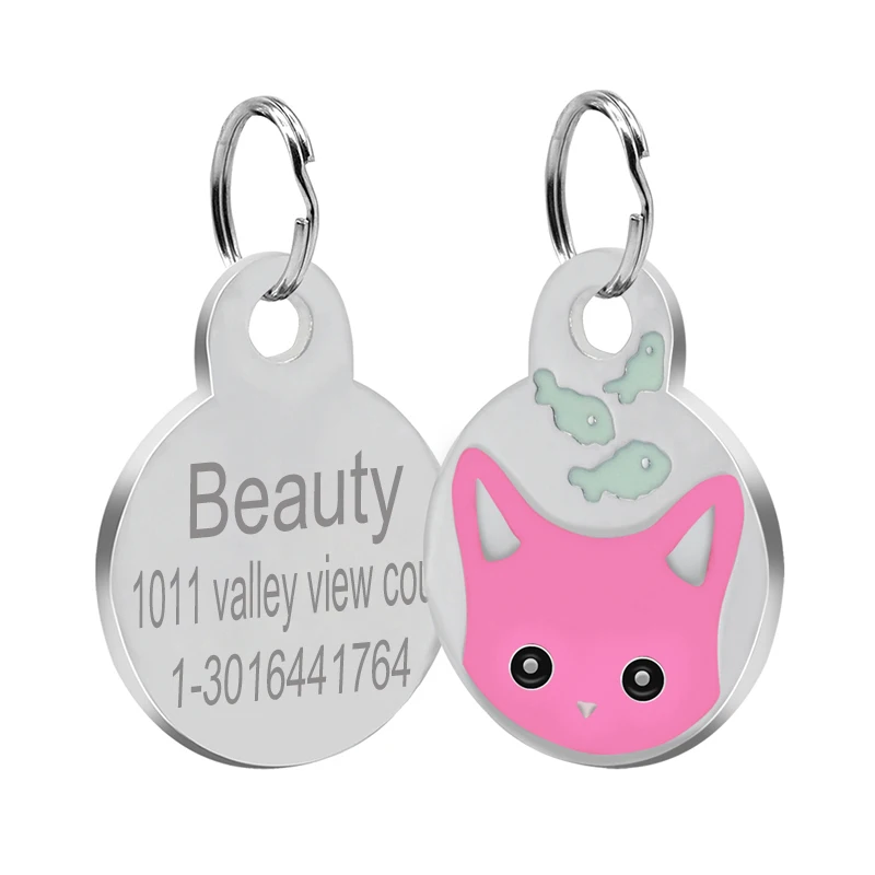 Loverly Anti-lost Stainless Steel Personalized Round Dog Tag Custom Cat Engraved Name Tags Cute Kitten Face ID Tags