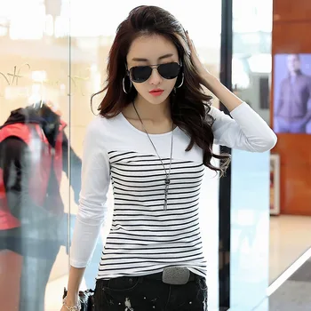 T Shirt Women Top Shirts Long sleeve Casual Tshirt Striped Female O-neck T-Shirt