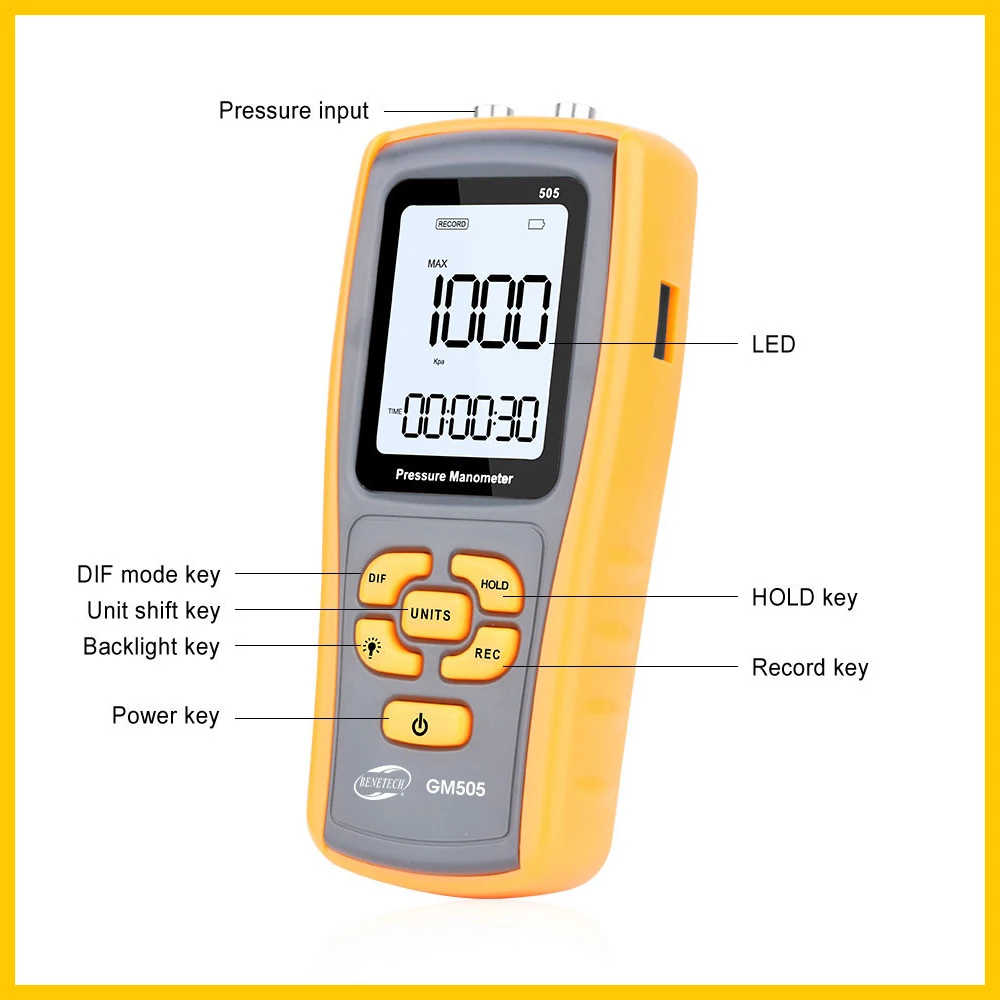 Портативный высокоточный цифровой манометр микро-манометр Дифференциальный манометр GM505-BENETECH