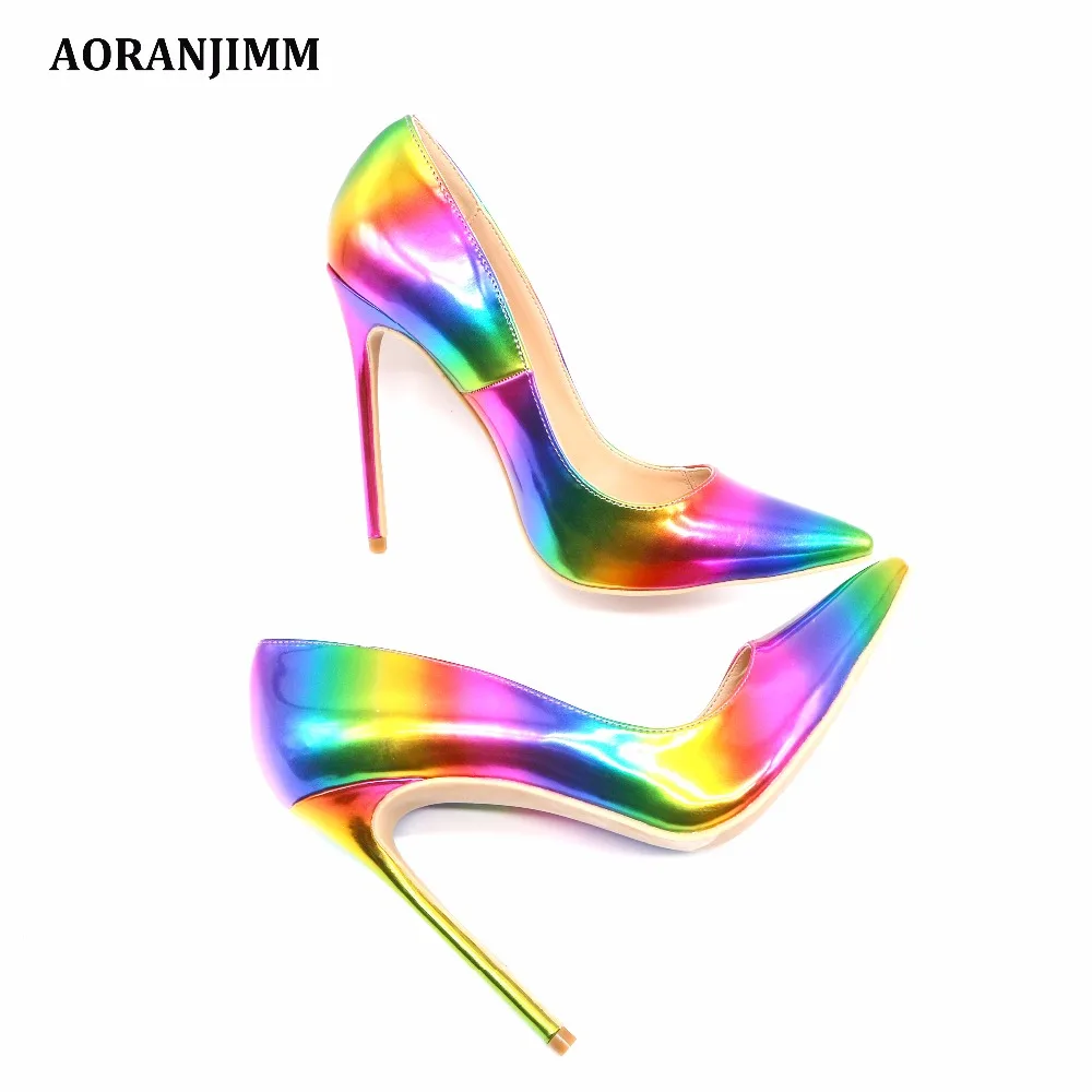 aoranjmm реальное изображение красочные с принтом радуги с острым носком женщина леди 12 см 10.5 см 8 см высокая обувь на каблуке Туфли-лодочки