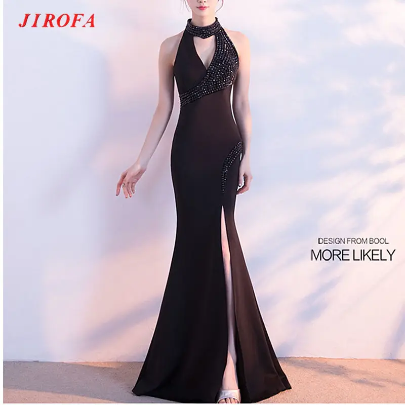 JIROFA Vestidos Verano, вечернее платье, труба, бисер, бодикон, Холтер, v-образный вырез, длинное, макси, сексуальное платье, вечерние, для ночного клуба, женское платье