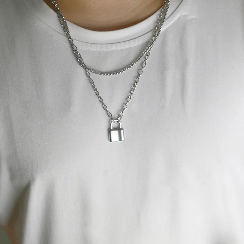 

Hip hop rock Double layer Stainless Steel Silver Color Square Lock Pendant Necklaces Women Men Padlock Necklace Brand Jewelry