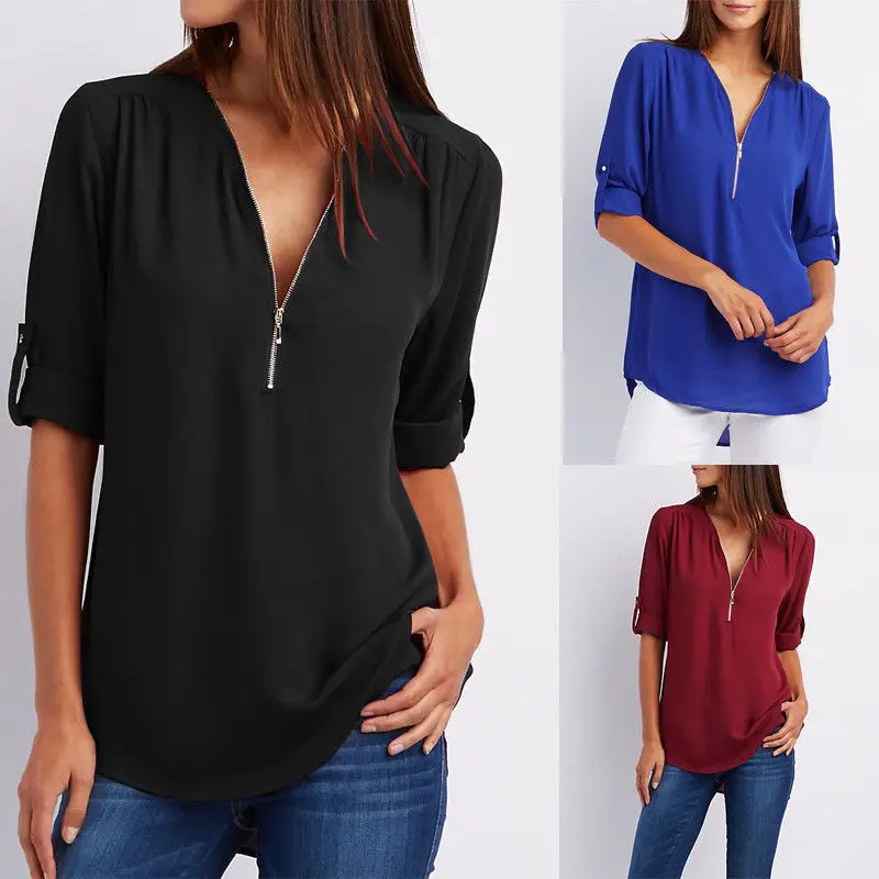 En Ligne Nouvelles Femmes De Mode Chemises Casual Femmes D été Lâche Chemises Sexy Dames V cou Vêtements Femme Blouses Zipper Blouse À Manches Longues