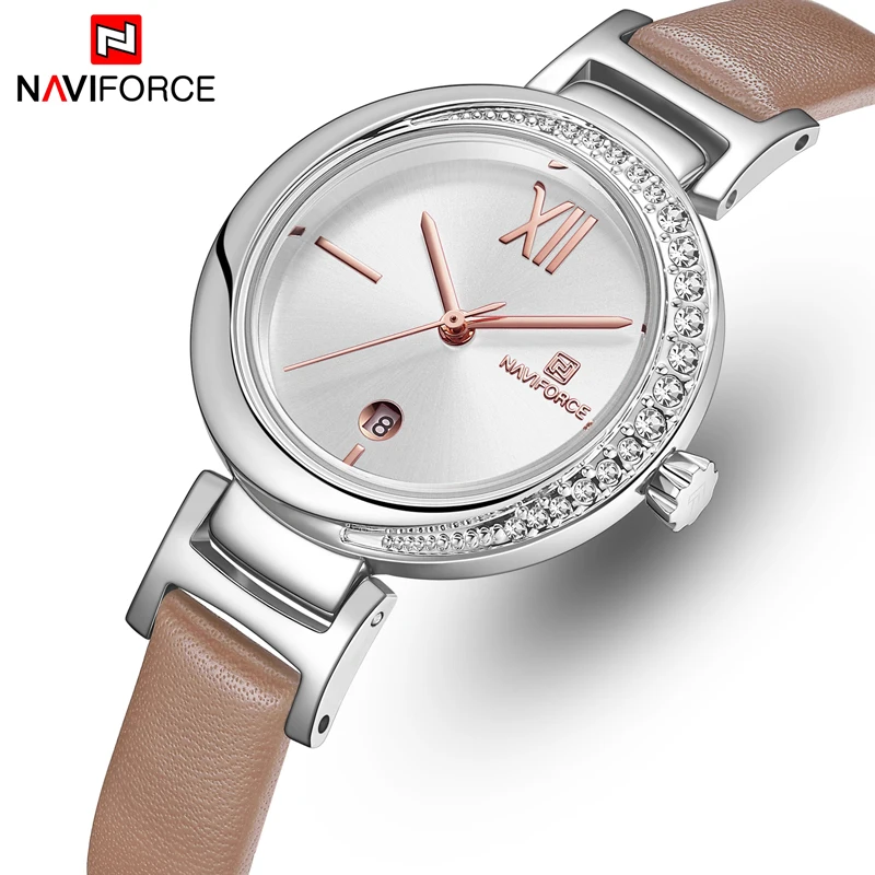 

NAVIFORCE Woman Quartz Watches Fashion Casual Ladies Leather Watch Luxury Crystal Diamond Wristwatch for Women Relogios Feminino