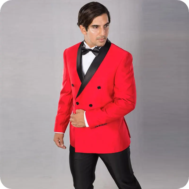 Special Price for  Men's Wedding Suits Pants Red Prom Suits Groom Tuxedo Black Shawl Lapel Costume Homme 2Piece Slim F