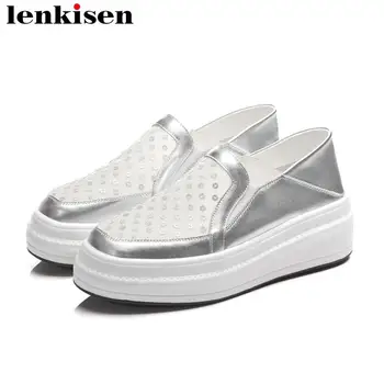 

Lenkisen British school slip on loafers round toe med bottom comfortable cow leather breathable mesh women vulcanized shoes L26