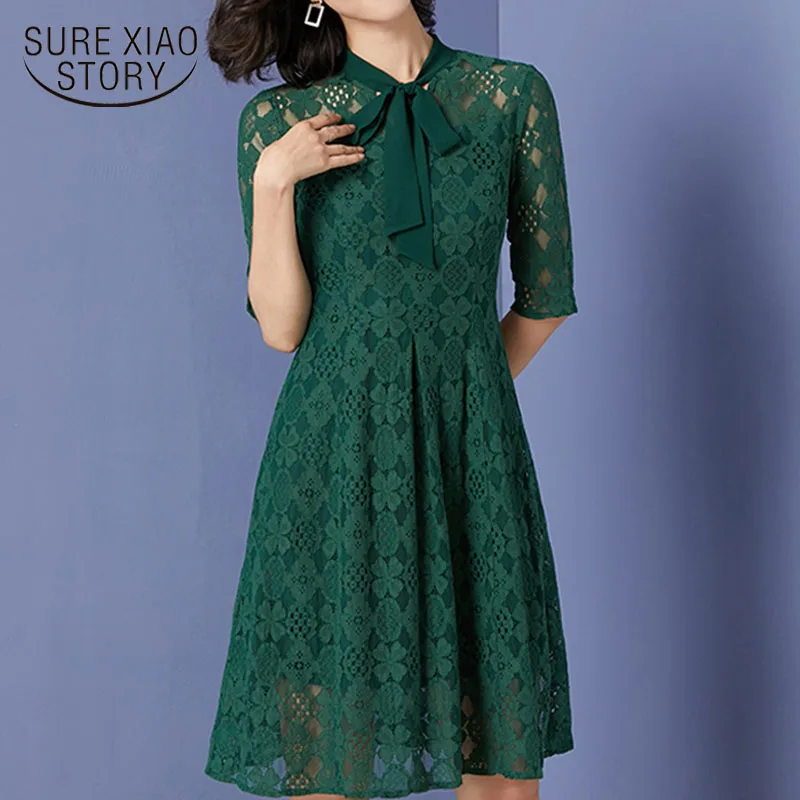 

Women dress fashion 2019 elegant long green dress plus Size bow solid lace spring half dress knee-Length Empire dresses 2913 50