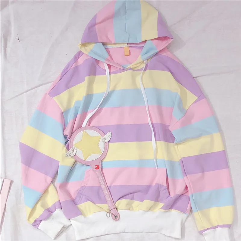  Harajuku Rainbow Stripe Hoodies Women Sweatshirt Korean Style Matching Outfits Loose Pullover for S