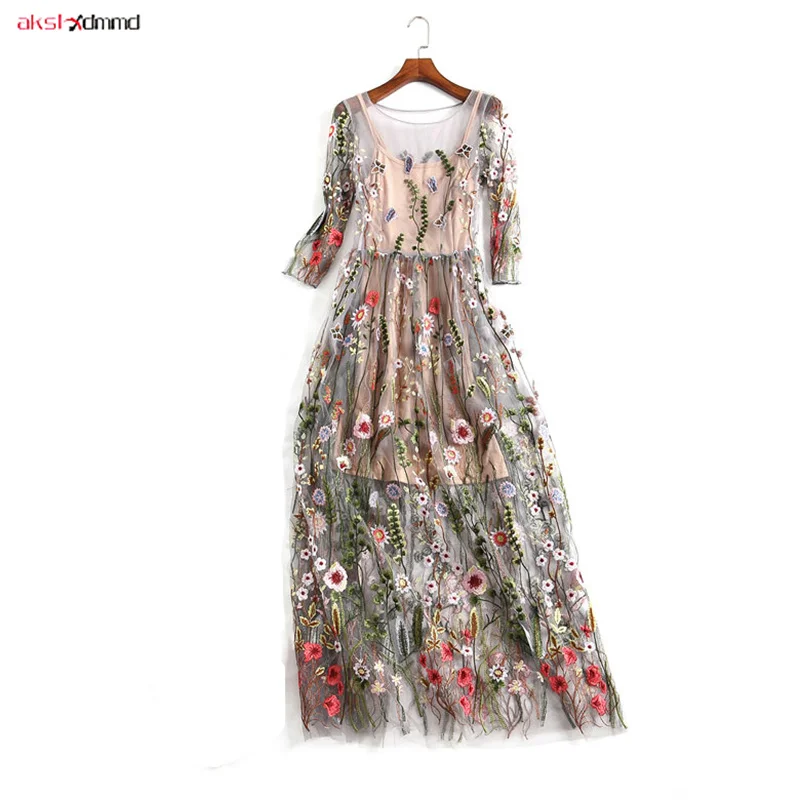 

Sexy Mesh Dress Women Sheer Bohemian Summer Princess Long Transparent Embroidered Sling Dresses Autumn Two-piece Vestido AC063