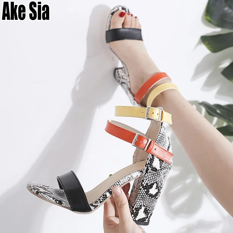 

Elegant Summer Fashion Women's Casual Sexy snakeskin Open Toe Pumps High Chunky Heels Ankle Buckle Hollow Out Sandals Shoes A883