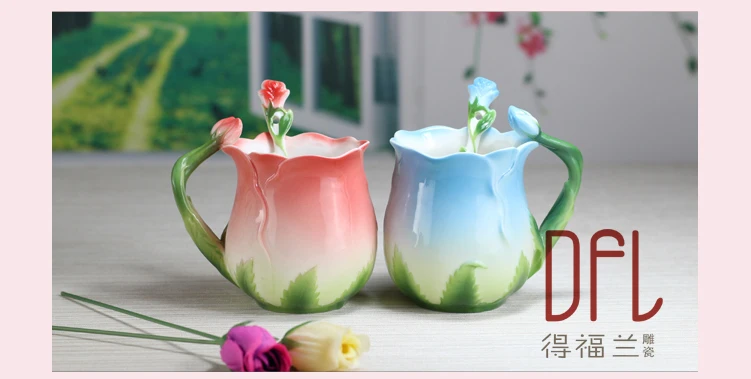 3D Роза цветок эмаль кофейная кружка чай молоко чашка набор с ложкой творческий керамический костяной фарфор посуда для напитков подарок на день Святого Валентина