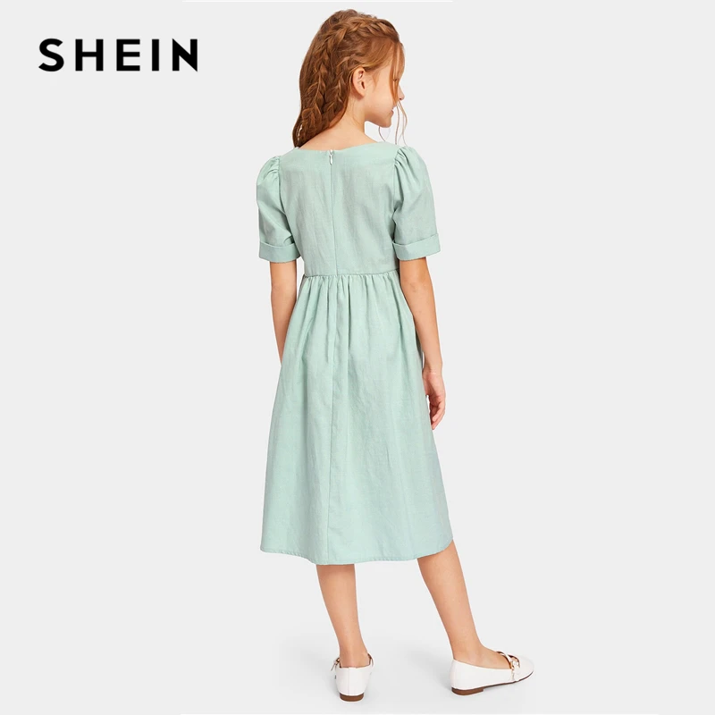 SHEIN Kiddie/красное однотонное расклешенное платье с оборками, трапециевидной формы, с поясом, летнее праздничное платье, рукав-волан, с пуговицами на спине, платья-миди для девочек