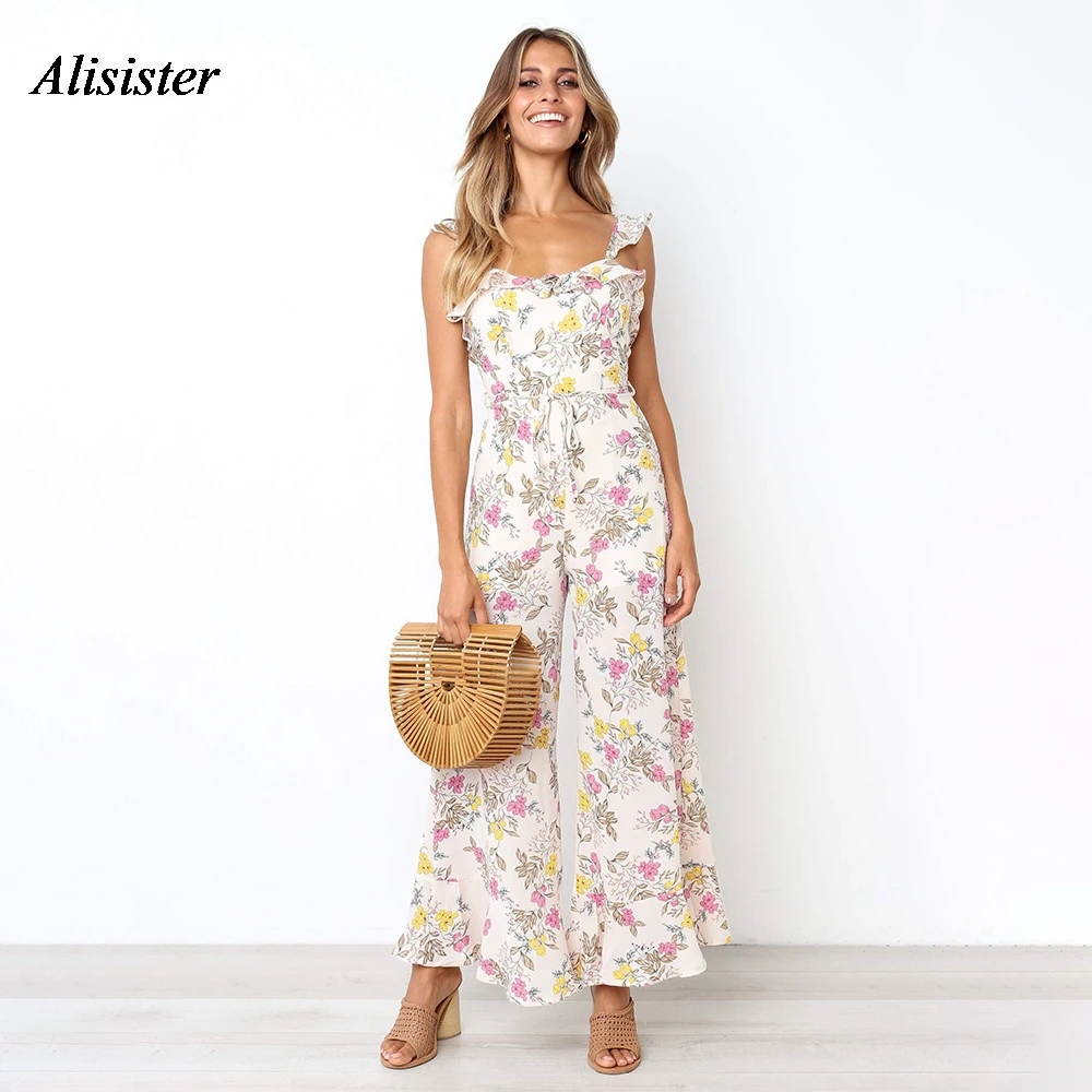 Spring Floral Print Jumpsuit Women Lace Up Spaghetti Strap Backless Jumper Summer Wide Leg Romper Chiffon Overalls Outfits