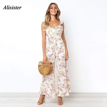 Spring Floral Print Jumpsuit Women Lace Up Spaghetti Strap Backless Jumper Summer Wide Leg Romper Chiffon Overalls Outfits