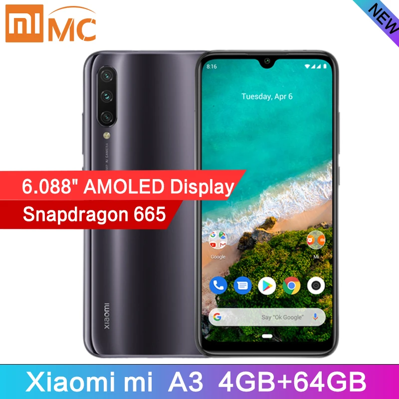 

Global Version Xiaomi Mi A3 4GB 64GB Smartphone 6.088" AMOLED Snapdragon 665 Octa Core In screen Fingerprint 4030mAh Cellphone
