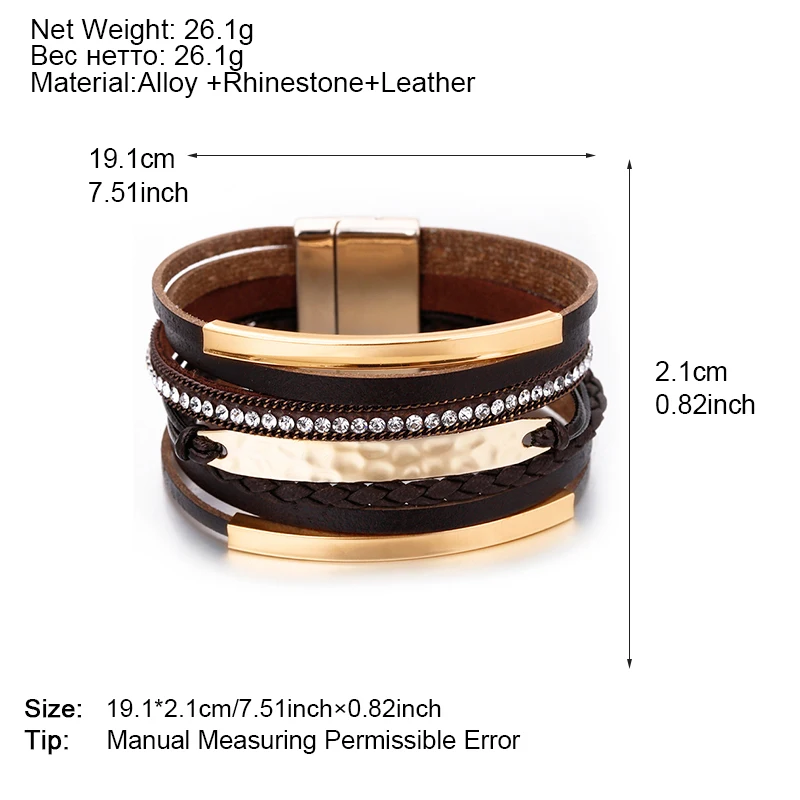 Multilayer Leather Bracelet Metal Bar Charm Men Leather Braided Bracelet