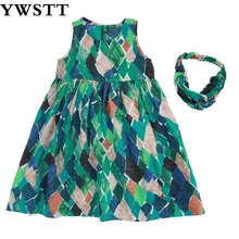 

Children's Summer Vest Dress + Hair Band 2018 Fashion Summer Dress Printed Cloths Kids flying sleeves vest dress