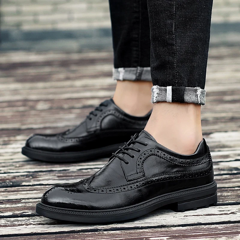 Clásico Los Genuino brown Zapatos Boda Cuero 2019 Para Formales Black Marrón Negro Hombres Zapato Y Moda Oficina Elegante Brogue Hombre De Vestir 1qqE08w
