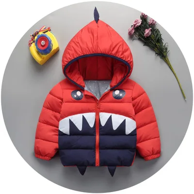 Детская Хлопковая одежда на пуху г., новая осенне-зимняя теплая куртка с капюшоном и рисунком динозавра модное пальто для мальчиков и девочек от 2 до 6 лет - Цвет: Red