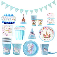 Unicorn Party Supplies Blue Color Unicorn Banner Plates Cups Napkin Cupcake Toppers Baby Shower Kids Birthday Party Decoration