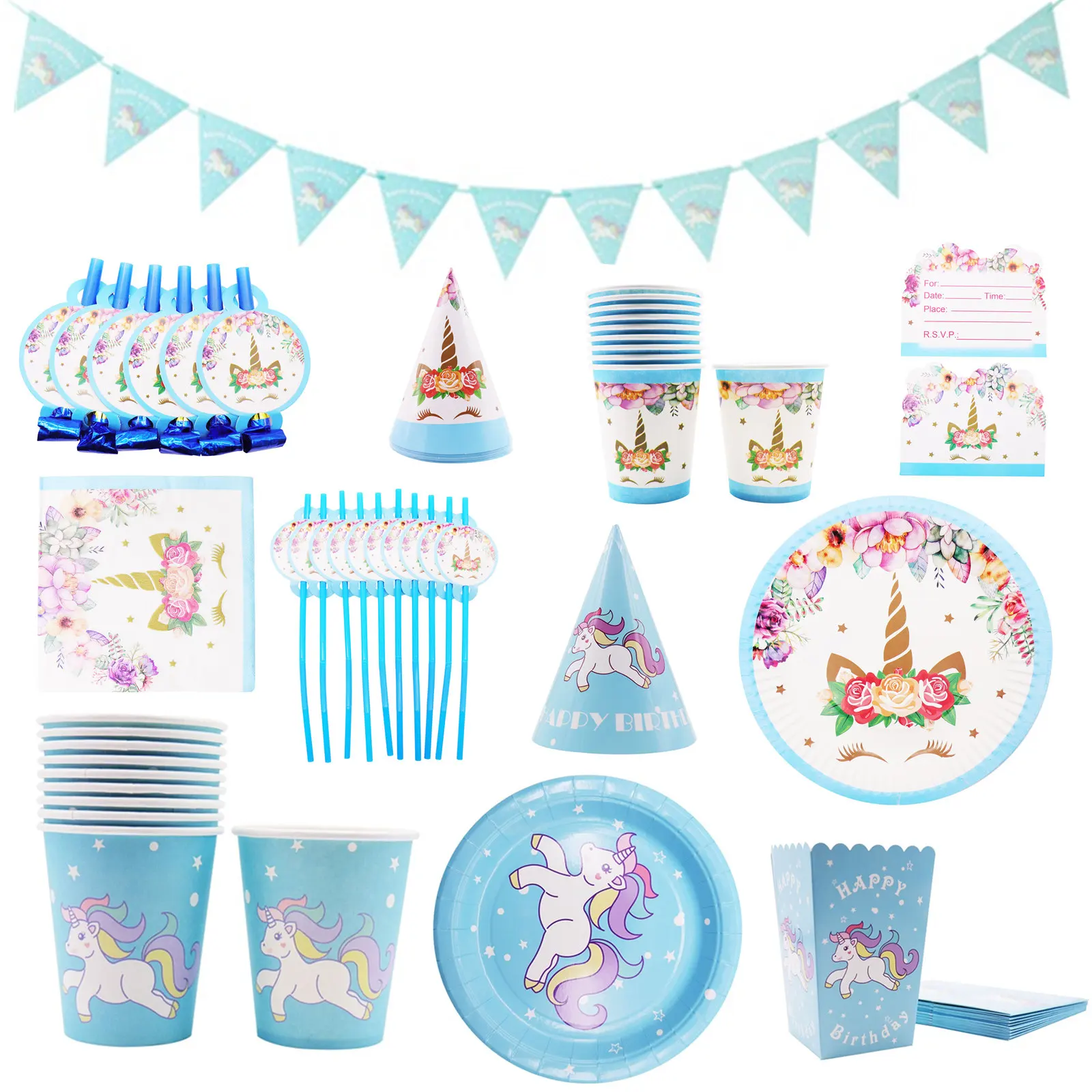 

Unicorn Party Supplies Blue Color Unicorn Banner Plates Cups Napkin Cupcake Toppers Baby Shower Kids Birthday Party Decoration