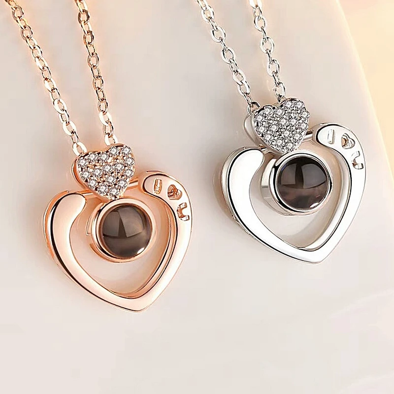 

Fashion Women's Double Heart Type 100 Languages I Love You Necklaces Double Hearts Love Clavicle Chain New Jewelry