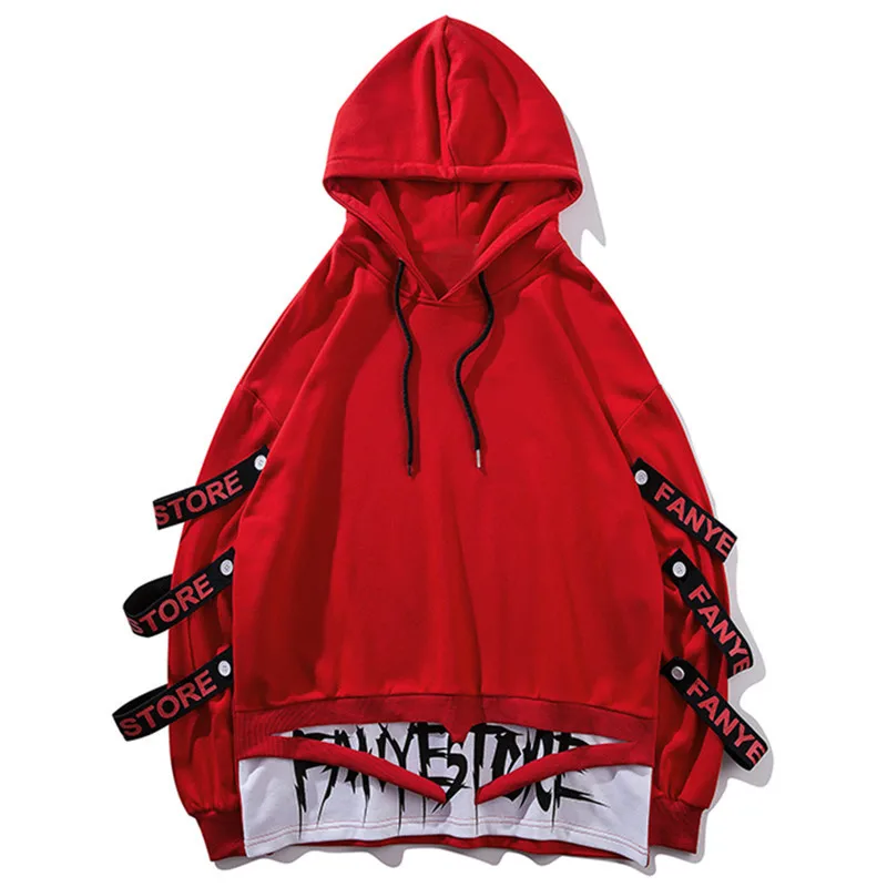 

Luogen Harajuku Hoodies Sweatshirts Man Side Ribbons Ripped Hem Fashion Pullover Hoodie Streetwear Sweatshirt Gothic Clothing