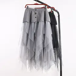 Новые летние для женщин Длинная юбка Твердые выдалбливают однобортный с высокой талией Асимметричные плиссированные Vestidos офисные женские