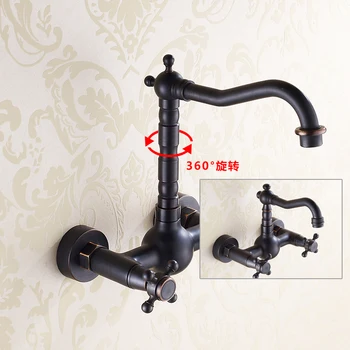 

Wall Mounted Dual Handle Three Holes Black Faucet Hot and Cold Mixer Tap