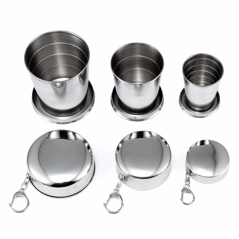 1 piezas práctico de acero inoxidable Copa plegable Camping taza con llavero portátil al aire libre Mesa