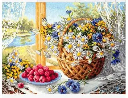 

Top Quality Beautiful Lovely Counted Cross Stitch Kit Daisy and Strawberry Raspberry Basket Flower Flowers at Windowsill