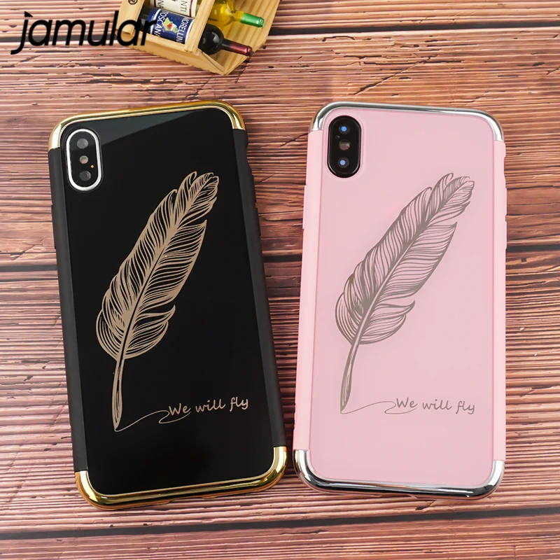 

JAMULAR Luxury Glossy Covers For iphone 6 s Soft Silicone Mirror Feather Printed Case Capa For iphone X 6 6sPlus 7 8 Plus Shell