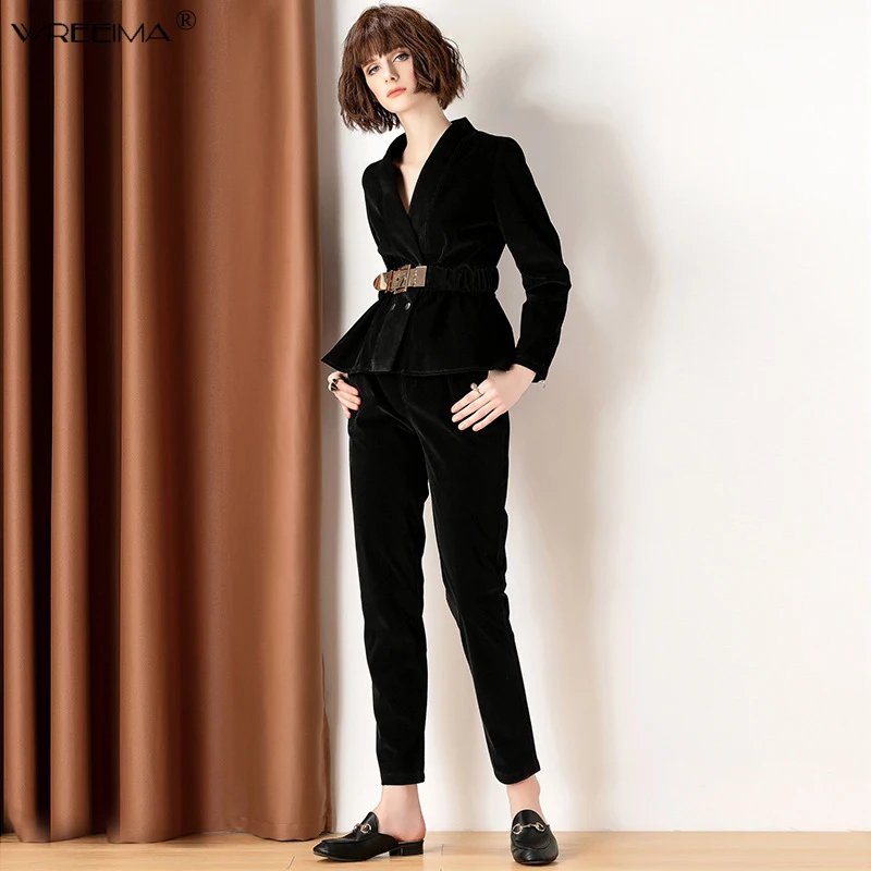Elegant Velvet Blazer Trousers Suits Set high quality Designer Casual