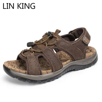 

LIN KING Leisure Men Sandals Genuine Leather Summer Gladiator Sandals Comfortable Non Slip Beach Shoes Breathable Sports Sandals