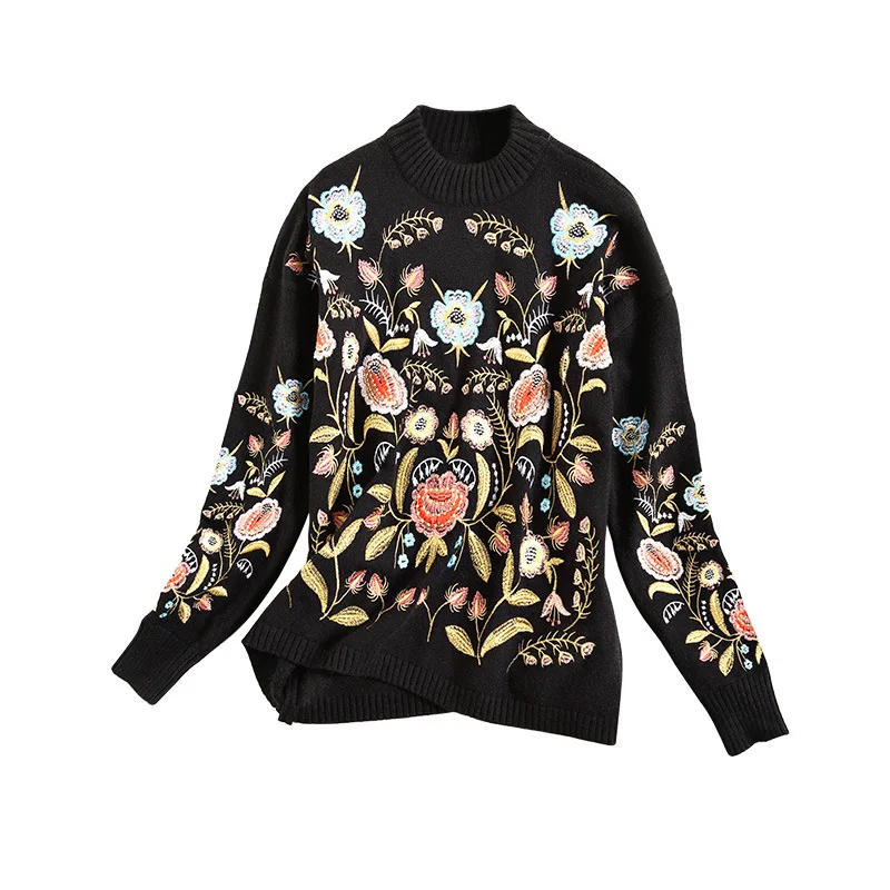 Elastic knit embroidery loose pullovers sweater 2018 new long sleeve plus size women autumn sweater
