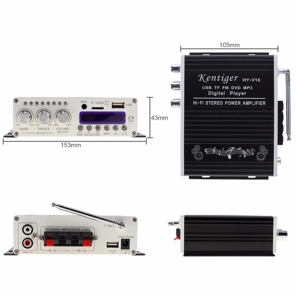 Kentiger HY V10 20 Вт x 2 2CH Hi Fi Bluetooth автомобильный аудио усилитель мощности fm радио плеер