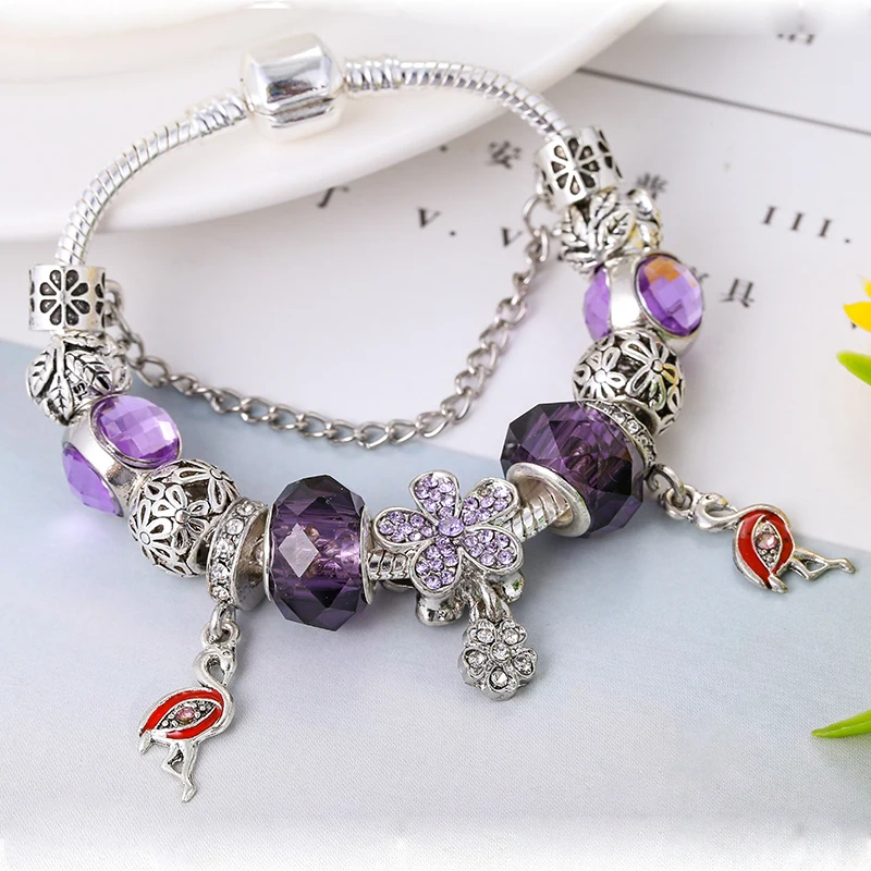 BAOPON Original Purple Flower& Crane Pendant Charm Bracelets for Women High Quality Fine Bracelets Best Couple Jewelry Gift