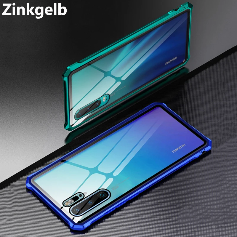 

For Huawei P30 Pro Cover Case Luxury Hard Metal Transparent Tempered Glass Shockproof Phone Case for P30 Lite Nova 4E Back Cover